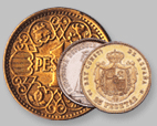 1 peseta de 1944, 1 peseta en plata de la II República, 20 pesetas de 1904