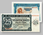 En primer plano billete de 25 ptas de 1936, detrás nueva estampación del billete de 1936