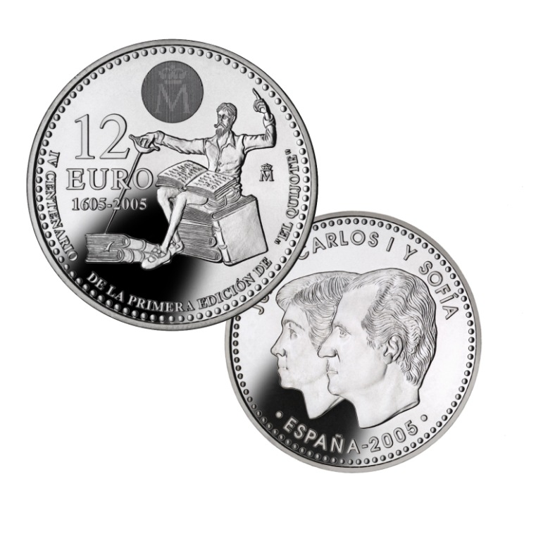 Anverso y reverso moneda 12 euros IV Centenario de la publicación de El Quijote. Abre en ventana nueva