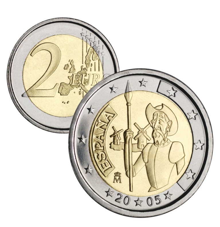 Anverso y reverso moneda 2euros conmemorativa de El Quijote. Abre en ventana nueva