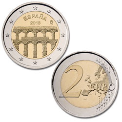 Moneda de 2 Euros conmemorativa. Acueducto de Segovia. Haga clic para ver imagen ampliada. Abre en ventana nueva